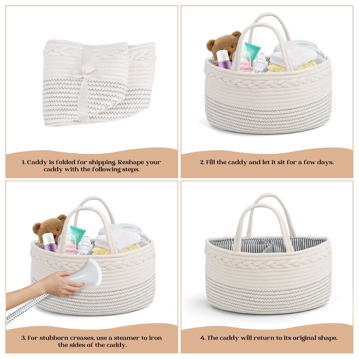 luxury little Diaper Caddy Organizer, Large Cotton Rope Nursery Baby Basket, Changing Table Organizer for Baby Diaper Storage, Portable Car Organizer Removable Divider (Off White, Large)