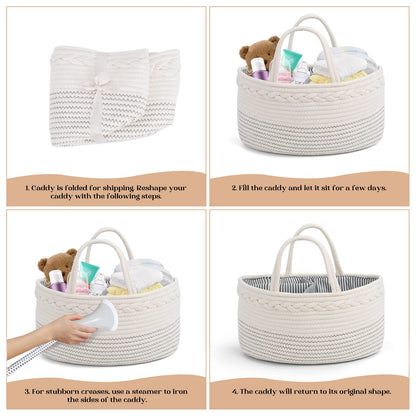 luxury little Diaper Caddy Organizer, Large Cotton Rope Nursery Baby Basket, Changing Table Organizer for Baby Diaper Storage, Portable Car Organizer Removable Divider (Off White, Large)
