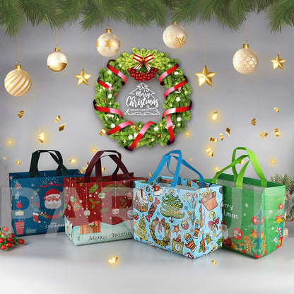 PARSUP 8PCS Christmas Gift Bags, Non-Woven Tote Treat Christmas Bags with Handles for Gifts Wrapping Shopping, Xmas Party Supplies, 12.8"×9.8"×6.7"