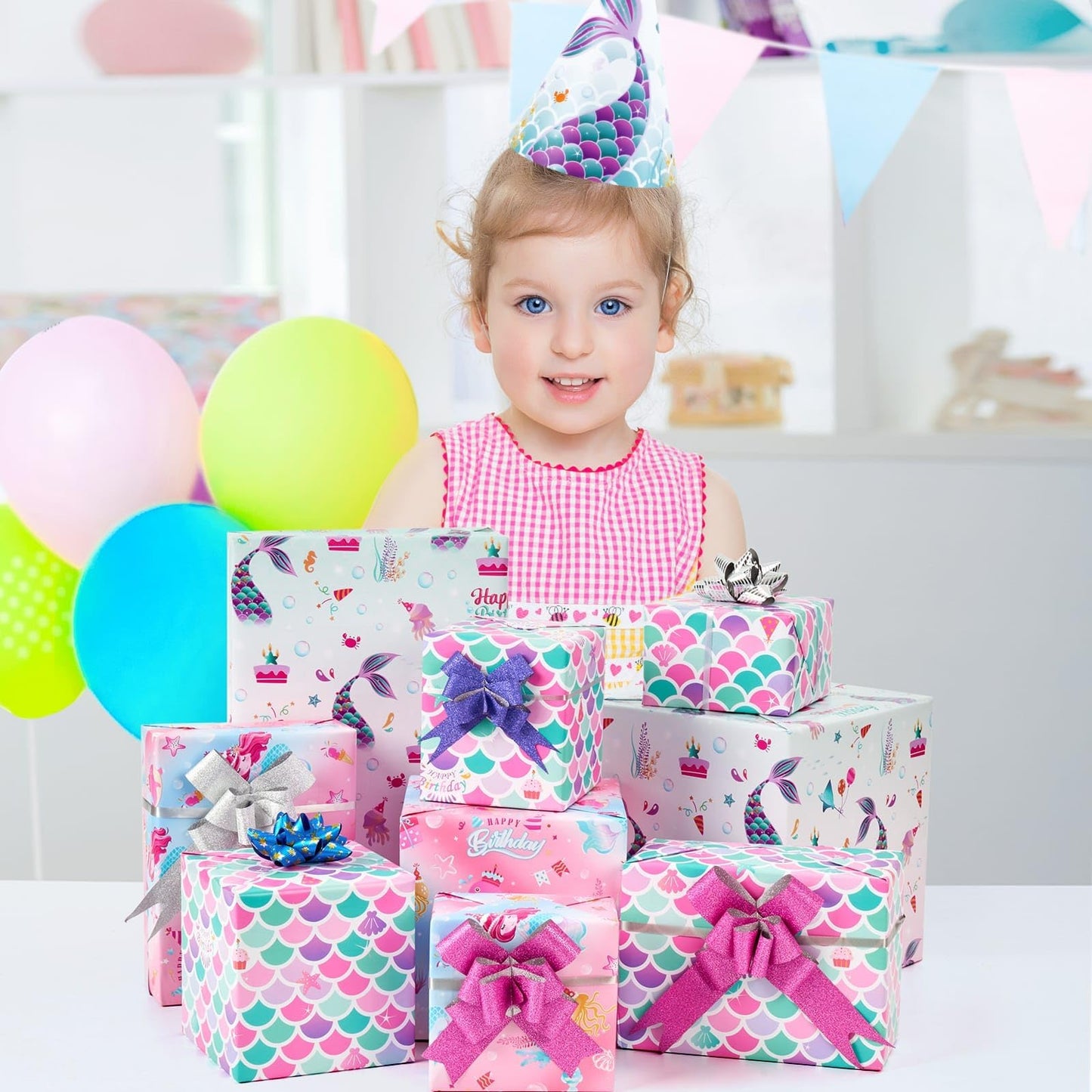 WERNNSAI Mermaid Wrapping Paper - 3 Rolls 17” x 120” Girls Birthday Wrapping Paper Rolls Mermaid Gift Wrap Paper Kids Pink Baby Shower Ocean Theme Party Gift Packing Supply with Cutting Lines