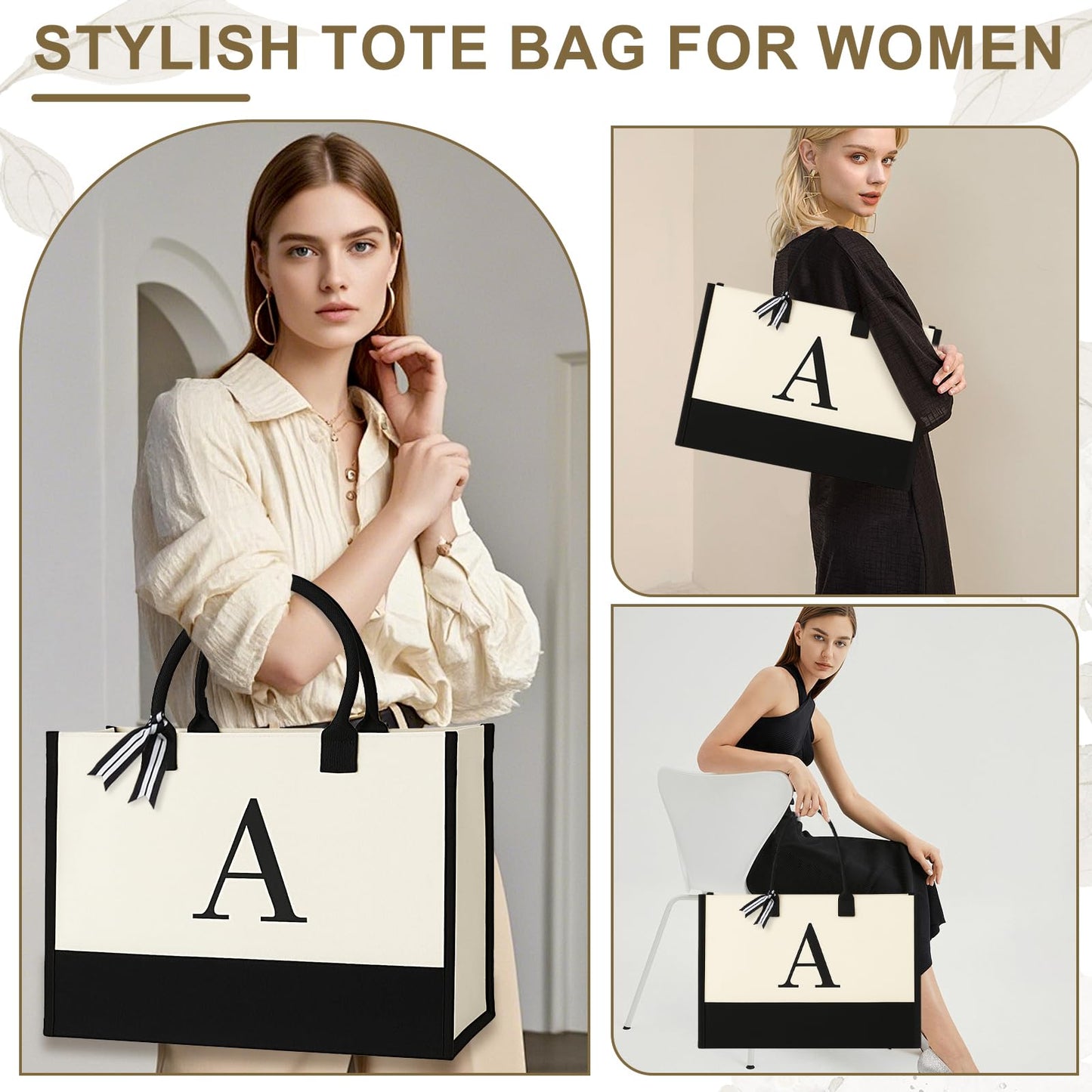 Personalized Canvas Tote Bag for Women Makeup Pouch Initial Beach Bag Removable Bottom Board for Travel Birthday