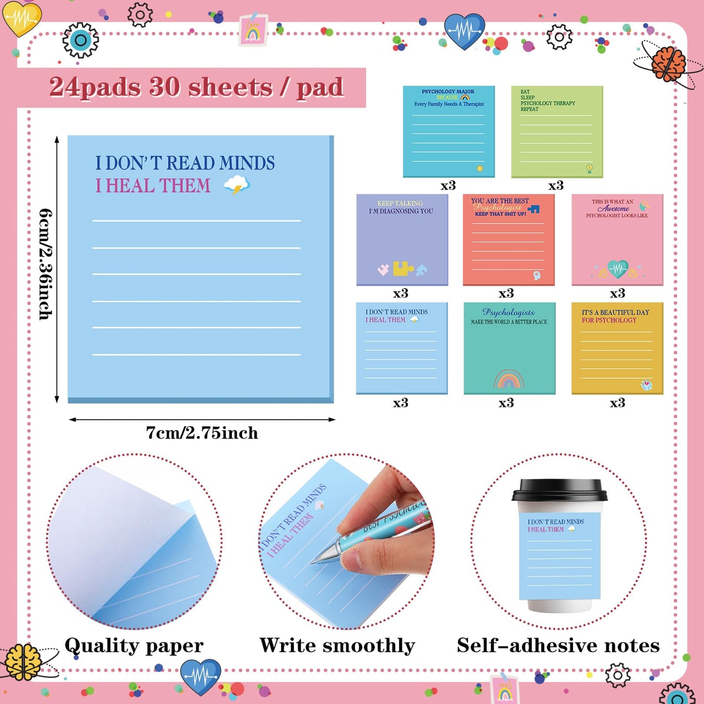 AmazingSpark 24 Sets Psychologist Gifts Include Ballpoint Pens and Sticky Notes for School Psychologist Mental Health Therapist Counselors Psychology Student Birthday Gift