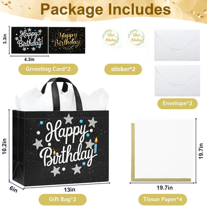 STYPOP 2 Pack 13" Large Birthday Gift Bags with Tissue Paper & Cards, Reusable Non-Woven Happy Birthday Bags with Handles, Perfect Gifts for Men, Boy, Kids, 12.8" x 10.2" x 6.3"