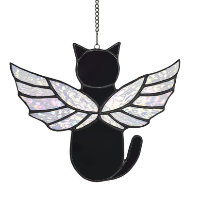 Angel Rainbow Wing Memorial Gifts - Stained Glass Cat Suncatcher, Loss of Cat Sympathy Gift (Black)