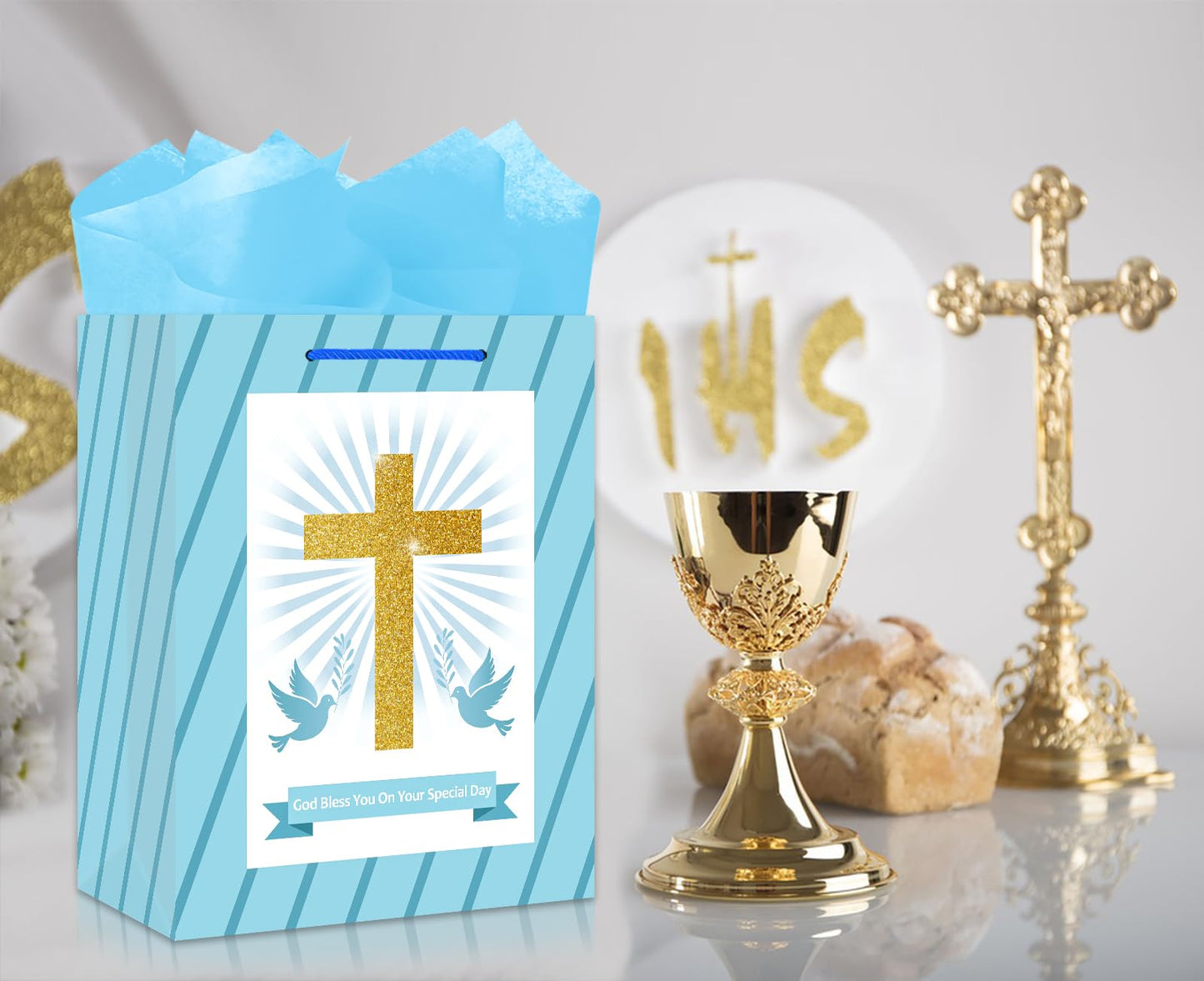 BIZIBAFF First Communion Gifts Bag for Boys Girls - 13" Baptism Gifts Bag with Tissue Paper Easter Religious Christian Gift Bag Christenings Confirmations Gifts for Baby Boys Girls
