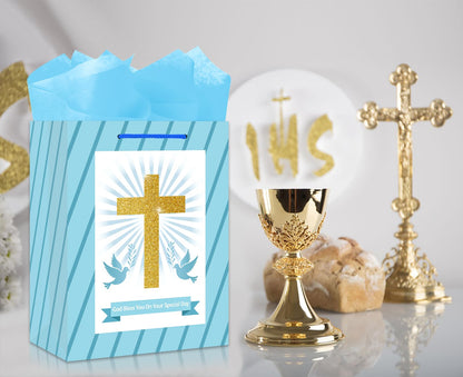 BIZIBAFF First Communion Gifts Bag for Boys Girls - 13" Baptism Gifts Bag with Tissue Paper Easter Religious Christian Gift Bag Christenings Confirmations Gifts for Baby Boys Girls