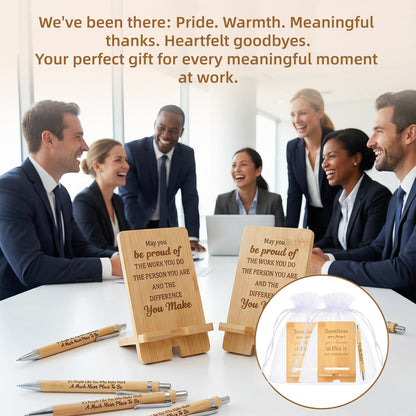 30 Pcs Employee Appreciation Gifts Bulk, 10 Wooden Phone Stands, 10 Motivational Pens with White Organza Bags, Thank You Gifts for Coworkers, Staff, Team, Volunteers, Nurses, Teachers, Office Desk