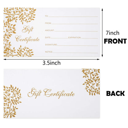 Outus 50 Pcs Blank Gift Certificates for Business Vouchers Coupon Certificates Cards Graduation Gift Card for Spa Salon Restaurants Custom Client Birthday Wedding, 3.5 x 7 Inch(White)