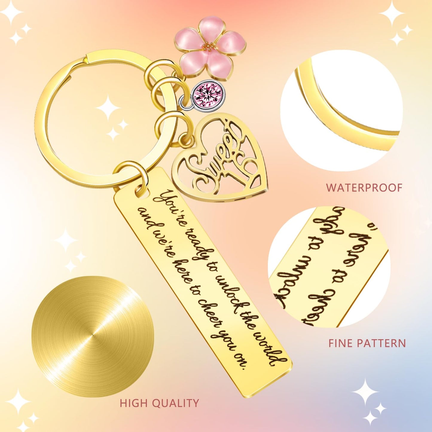Sweet Sixteen Gifts for Girls - 16th Birthday - 16 Year Old Teen Girl Valentine's Day Gifts from Mom Dad Grandpa Grandma Aunt, Double-Sided Engraved Stainless Steel Gold Keychain