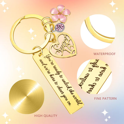 Sweet Sixteen Gifts for Girls - 16th Birthday - 16 Year Old Teen Girl Valentine's Day Gifts from Mom Dad Grandpa Grandma Aunt, Double-Sided Engraved Stainless Steel Gold Keychain
