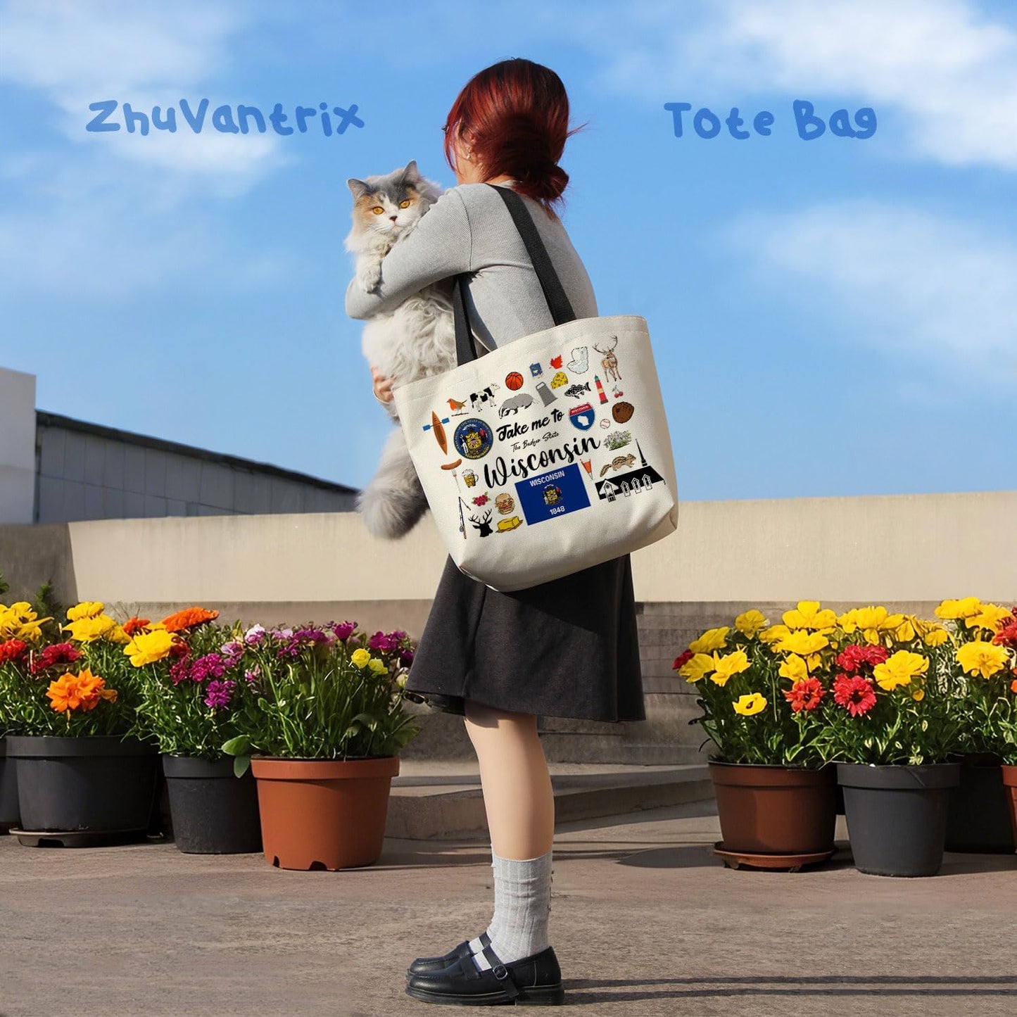 Take Me To Wisconsin Tote Bag Reusable Grocery Bags Aesthetic Shopping Shoulder Handbag with Interior Pocket Lightweight & Washable Stylish Wisconsin Travel Present for Women