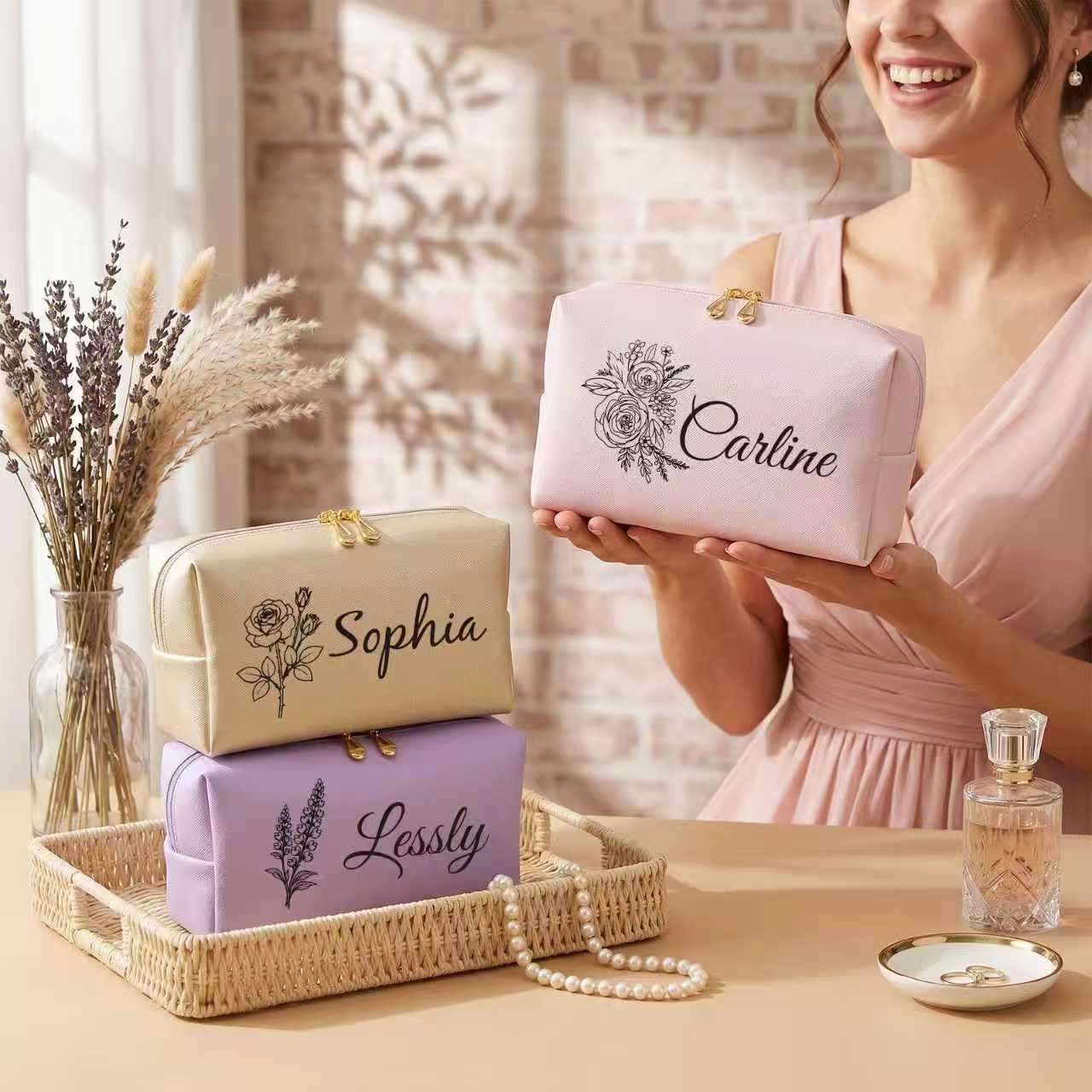 Gifts for Women Personalized Custom Makeup Bag, Monogram Toiletry Bag Cosmetic Pouch, Double-Sided Engraved Mother's Day Bridesmaid Wedding Anniversary Birthday Gifts