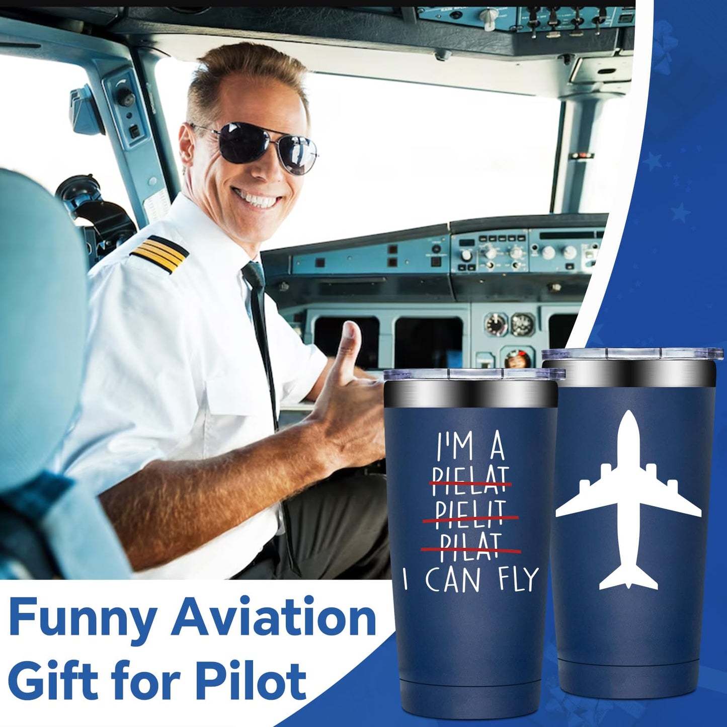 BIRGILT Pilot Gifts for Men - Aviation Gifts for Pilots - Funny Airplane Gift for Men, Women - Christmas Birthday Gift for Airplane Lovers, Aviation Lover - 20oz I Can Fly Pilot Tumbler Cup