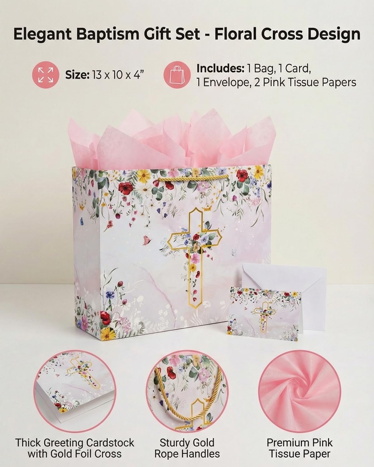 GFInYHM 13" Wildfloral Gold Cross Gift Bag Set with Greeting Card and Tissue Papers for First Communions, Baby Boy Girl Baptisms, Christenings, Wedding, Religious Occasions