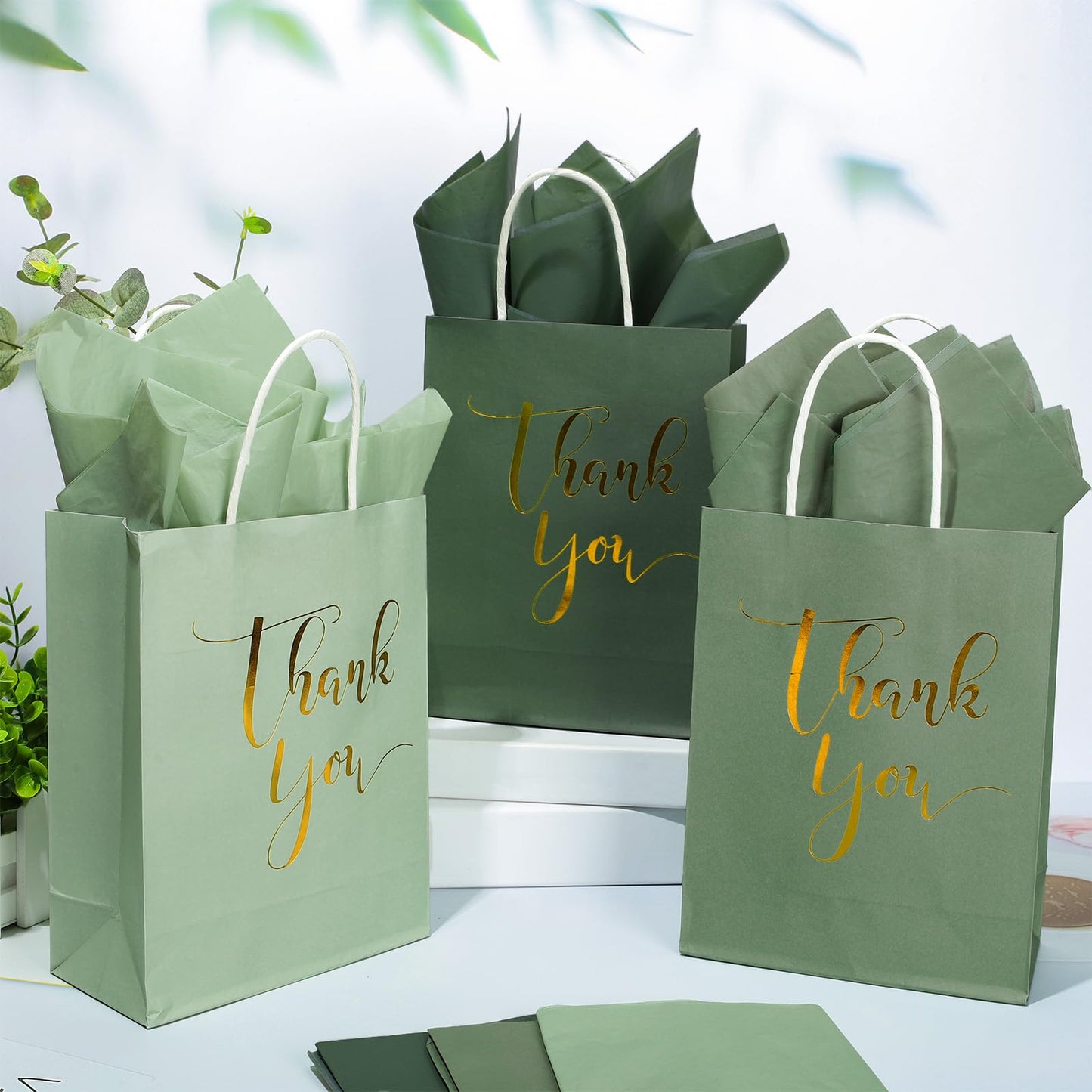 Whaline 30Pcs Sage Green Thank You Paper Gift Bags 6.3 x 3.1 x 8.7 inch 3 Colors Gold Foil Thank You Party Favor Bag with Handle 40 Sheet Tissue Paper for Wedding Birthday One Lucky Duck Gift Wrapping