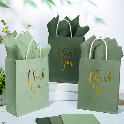 Whaline 30Pcs Sage Green Thank You Paper Gift Bags 6.3 x 3.1 x 8.7 inch 3 Colors Gold Foil Thank You Party Favor Bag with Handle 40 Sheet Tissue Paper for Wedding Birthday One Lucky Duck Gift Wrapping