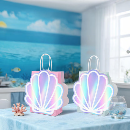12 Pack Sea Shell Gift Bags For Mermaid Goodie Bags Party Favor Iridescent with Handle for Under The Sea Party Summer Ocean Beach Celebration Supplies