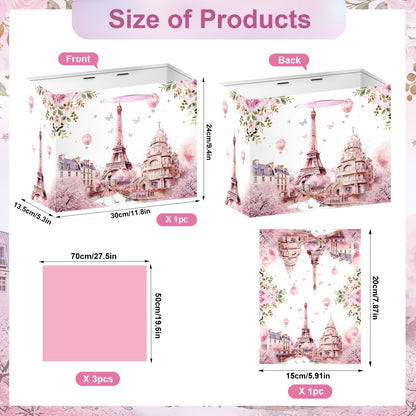 Wxiben Paris Themed Party Decorations - Eiffel Tower Gift Bag, Pink Flower Party Favor Wrapping Bag with Handle Tissue Paper Greeting Card, Birthday Baby Shower Decor Supplies for Women Girls