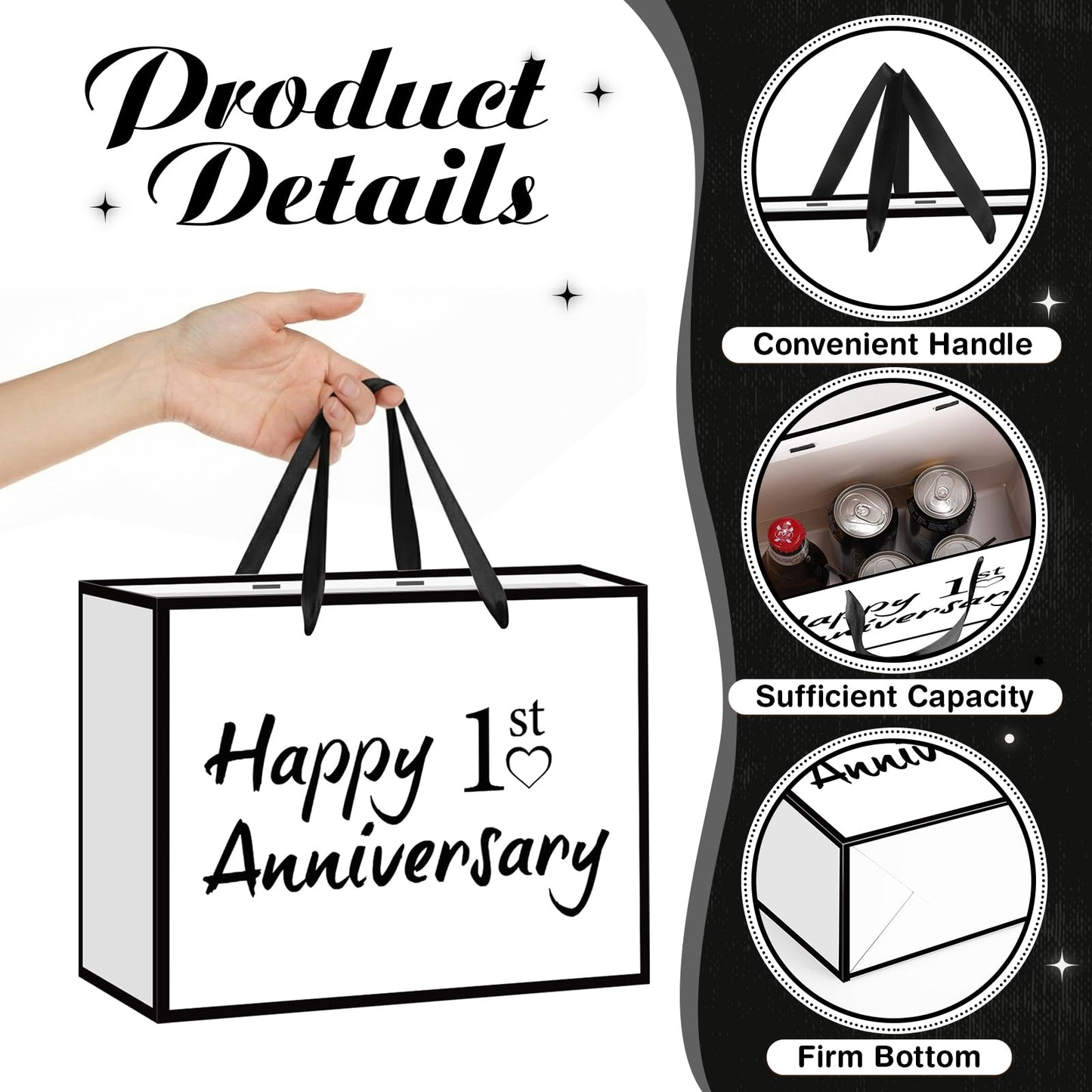 TagreSpike 1st Anniversary Paper Gift Bag with Tissue Paper and Card - Large Happy 1st Anniversary Wrapping Bag - Black and White Paper Anniversary Party Supplies for Husband Wife Couple