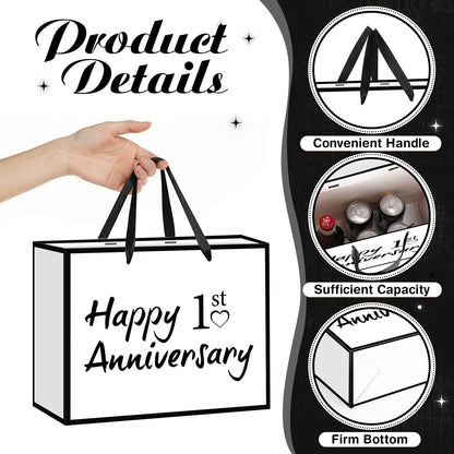 TagreSpike 1st Anniversary Paper Gift Bag with Tissue Paper and Card - Large Happy 1st Anniversary Wrapping Bag - Black and White Paper Anniversary Party Supplies for Husband Wife Couple