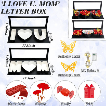 Vertintong 2 Sets Mother's Day Gift Empty Mom Fillable Flower Gift Boxes I Love U Cardboard Letter Shaped Fillable Packaging Box with 24 Pcs Gold Butterfly Decoration for Mother's Day Birthday(Black)
