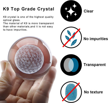 H&D HYALINE & DORA 3D Laser Engraved Flower of Life Crystal Ball Paperweight with Stand,Chakra Healing Grid Flower Globe for Spiritual Decor Gift