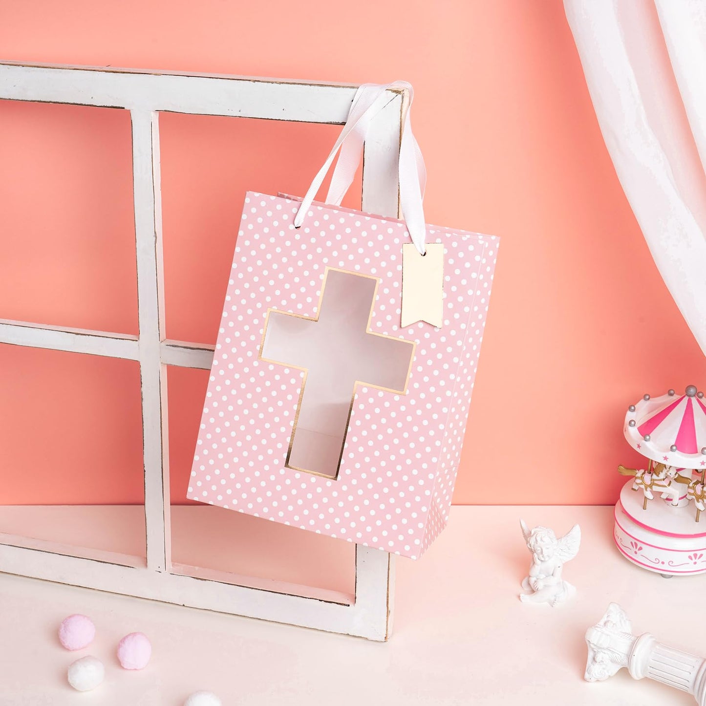 Loveinside Pink Gift Bag, Gold Foil Religious Cross and Dots Design, Gift Bag with Tissue Paper, Tag for Baby Girl Baptisms, Baby Shower, First Communion, Religious Celebrations, 7" x 4" x 9", 1 Pcs
