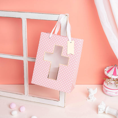 Loveinside Pink Gift Bag, Gold Foil Religious Cross and Dots Design, Gift Bag with Tissue Paper, Tag for Baby Girl Baptisms, Baby Shower, First Communion, Religious Celebrations, 7" x 4" x 9", 1 Pcs