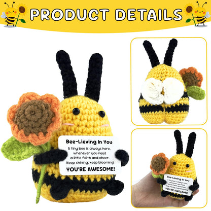 Emotional Support Bee, Positive Crochet Bee Doll with Card, Inspirational Small Handmade Knitted Animals Cute Stuff, Funny Gifts for Women Men Birthday Friends Coworkers, Christmas Office Decor