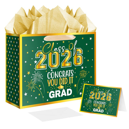 Jaywayang 12.6" Large Green and Gold Graduation Gift Bag, 2026 Congrats Grad Desgin Gift Bag with Tissue Paper and Card for High School, College Graduation Season Theme Party.