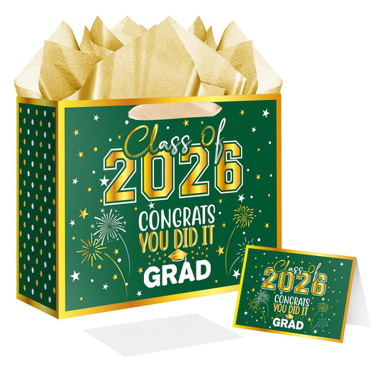 Jaywayang 12.6" Large Green and Gold Graduation Gift Bag, 2026 Congrats Grad Desgin Gift Bag with Tissue Paper and Card for High School, College Graduation Season Theme Party.