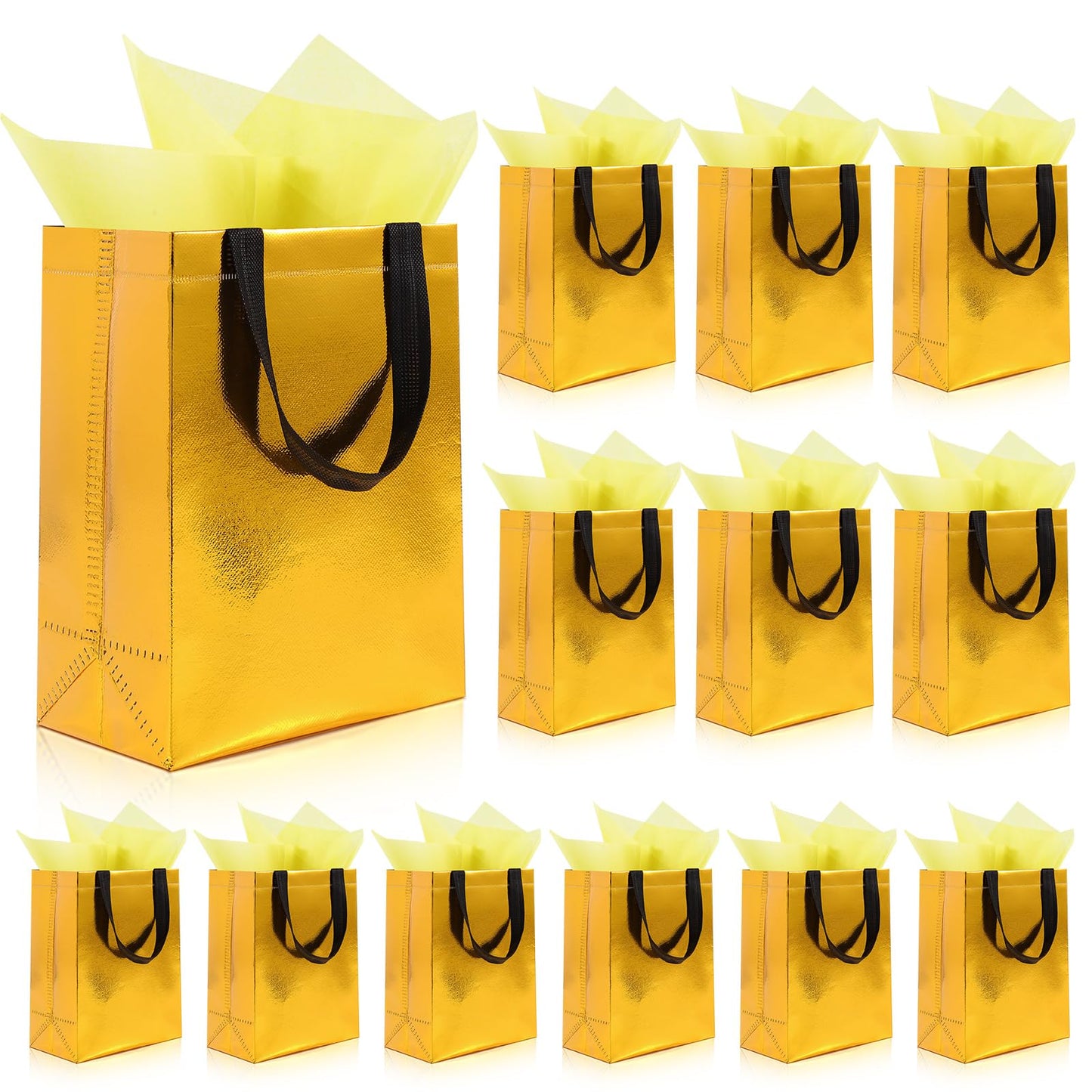 Addblu 12 Pack Reusable Gift Bags with Handles & 24 Tissue Papers, 10x4x8 Inch Iridescent Gift Bags with Cardboard Bases for Shopping, Parties, Birthdays, Weddings, Holiday, Father's Day (Gold Gift Bag)