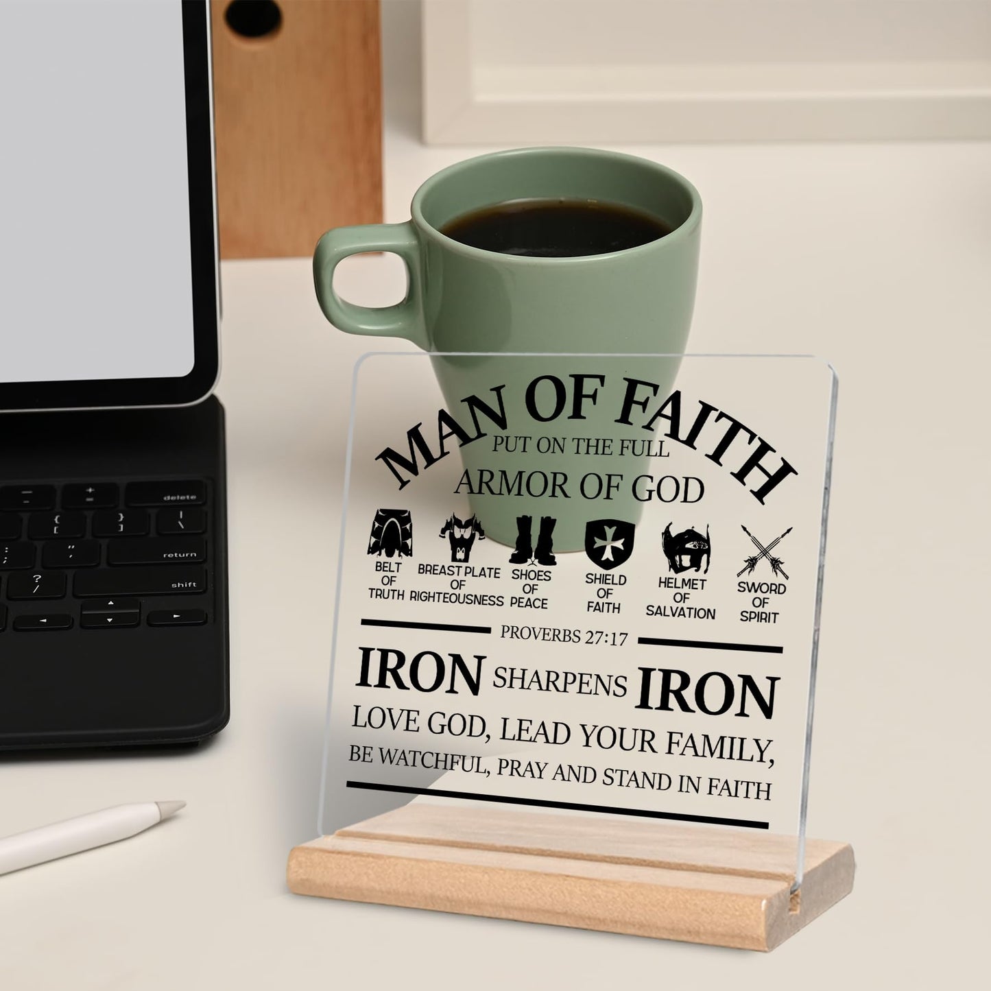 Christian Gifts for Men, Man of Faith Put on the Full Armor of God Quotes Bible Verse Acrylic Plaque Sign, Inspirational Bible Gift for Office Home Decor(A)