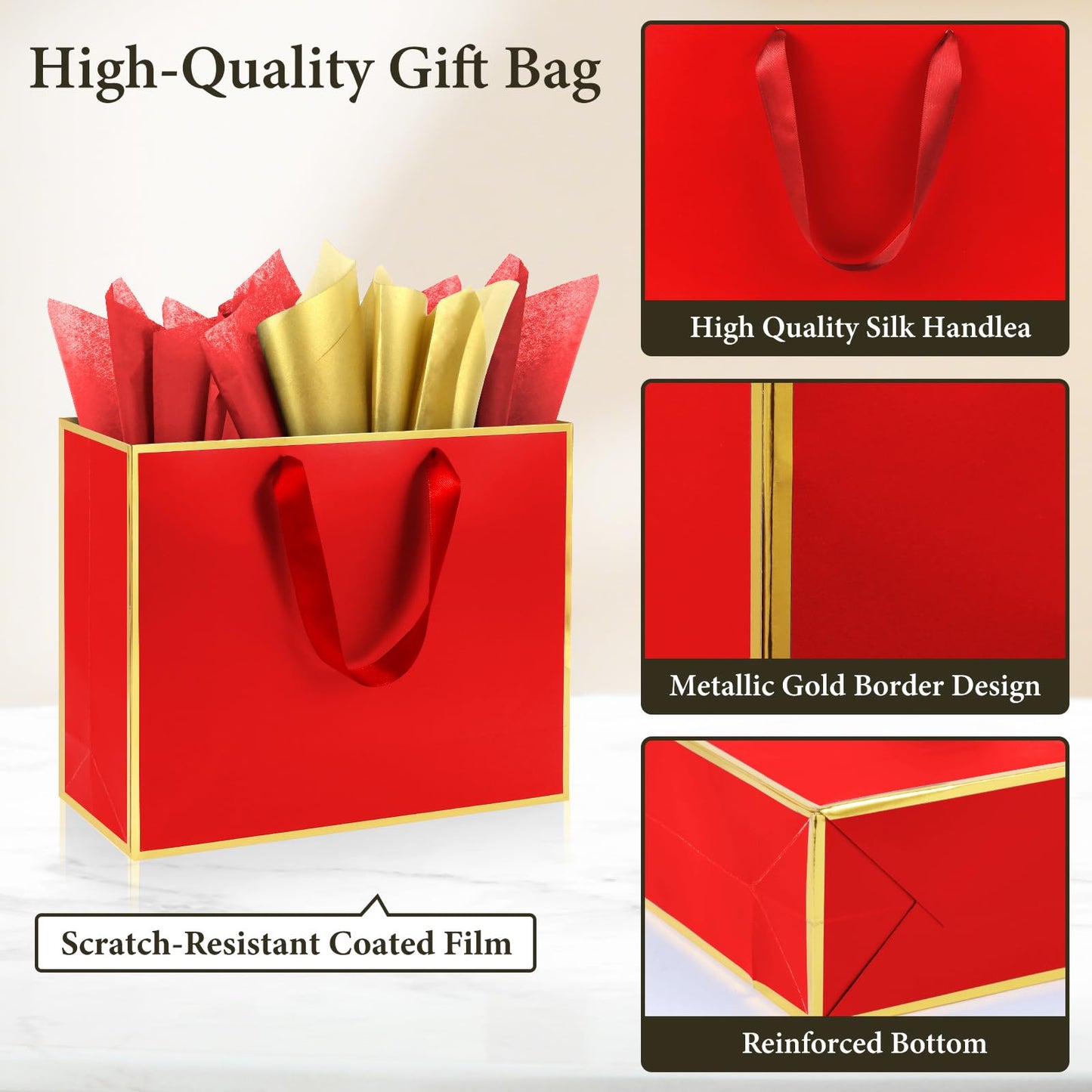 Addblu 12 Pack Large Gift Bags with Handles - Includes 36 Tissue Papers, 11.8x10x4 Inches for Thank You, Wedding, Bridesmaid, Christmas, Birthday, Party Five Senses Gifts (Red and Gold Trim, 12Pcs)