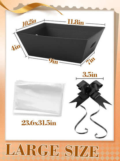 Beeplove 6 Sets Large Thick Kraft Baskets for Gifts Empty - Gift Baskets Empty Kit with Cellophane Wrap and Pull Bows for Wedding Birthday Bridesmaid Baby Shower, Black