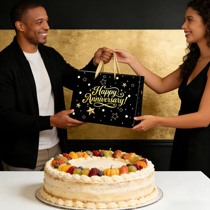 Black Gold Happy Anniversary Party Gift Bag - Large Wedding Gift Wrapping Bag with Tissue Paper and Greeting Card, Ideal for Wedding, Parents, 50th Golden Jubilee & Work Anniversary Party Decorations