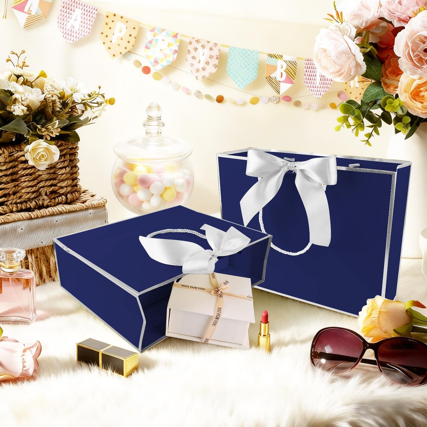 Addblu 12 Pack Large Navy Blue Gift Bags with Handles, 12.6x10x4'' Includes 36 Tissue Papers, Bow Ribbon & Cards for Wedding, Birthday, Bridesmaid, Groomsmen, Valentine's Day, Easter (Blue and Silver, 12pcs)
