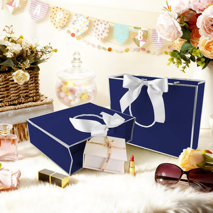Addblu 12 Pack Large Navy Blue Gift Bags with Handles, 12.6x10x4'' Includes 36 Tissue Papers, Bow Ribbon & Cards for Wedding, Birthday, Bridesmaid, Groomsmen, Valentine's Day, Easter (Blue and Silver, 12pcs)