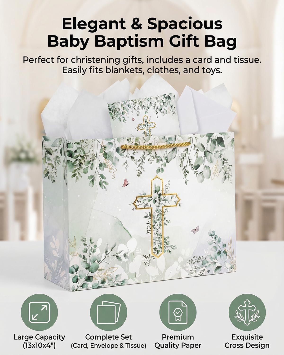 GFInYHM Baptism Gift Bag with Card and Tissue Paper, 13" Gold Foil Cross Eucalyptus Leaves Religious Gift Bags Set for First Communion, Christening, Baby Shower, Wedding, Easter, Confirmation
