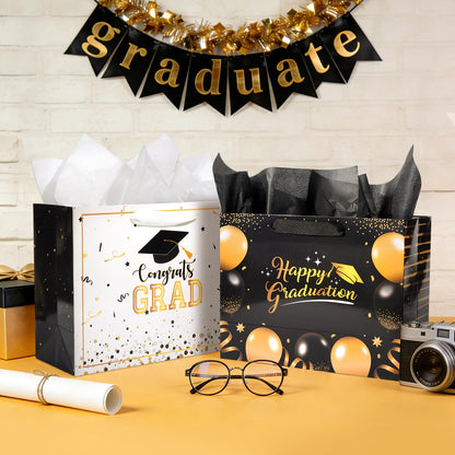 Nihuecne 13" Graduation Gift Bags with Tissue Paper, 4 Pack Paper Gift Bags with Handles for College & High School Graduates Grad Party, 4 Designs