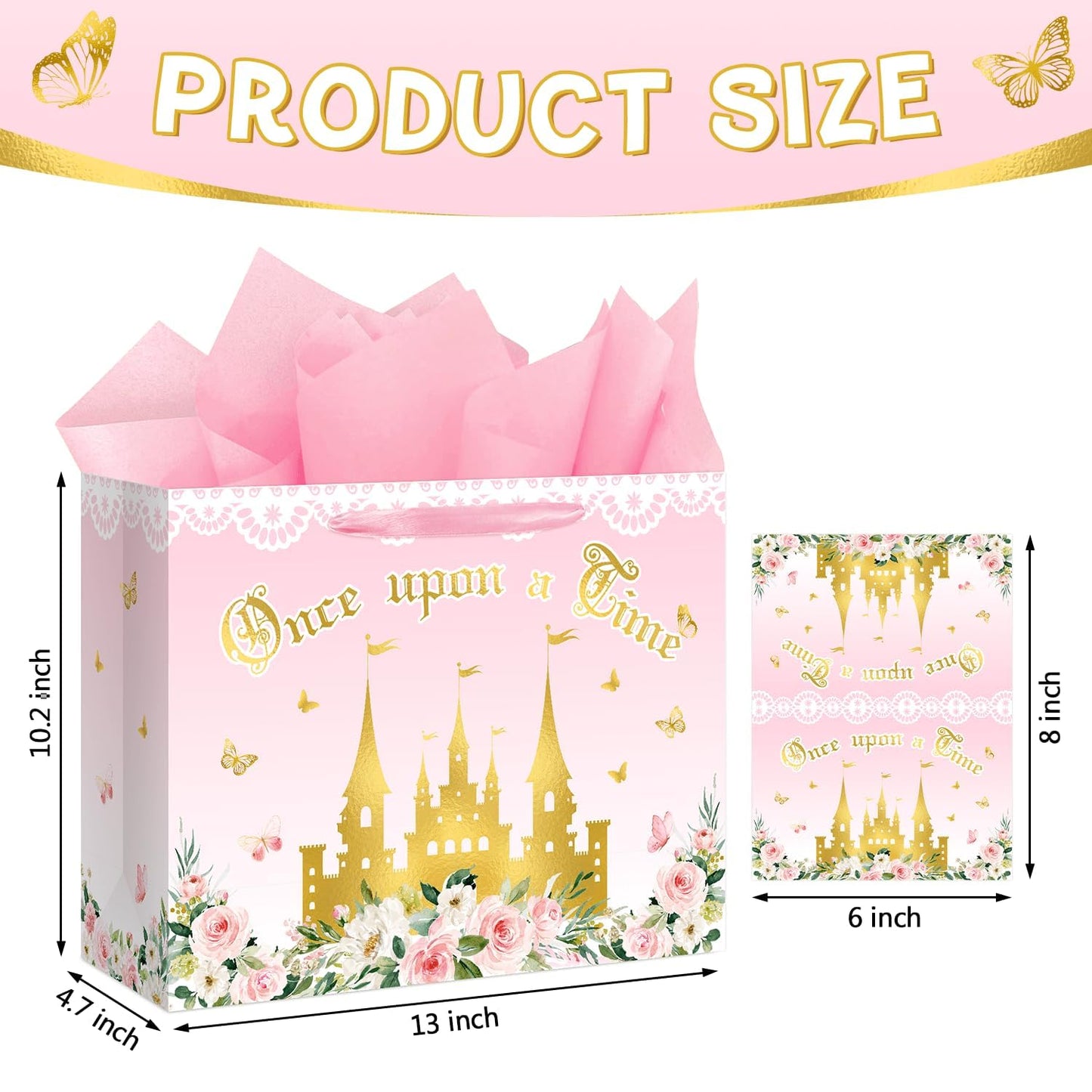 Reyoust 13" Large Pink Princess Themed Gift Bag with Card and Tissue Paper Floral Castle Present Bag for Girls Fairy Tale Baby Shower Birthday Party Decorations 1 Pcs 13" L x 10.2" H x 4.9" D