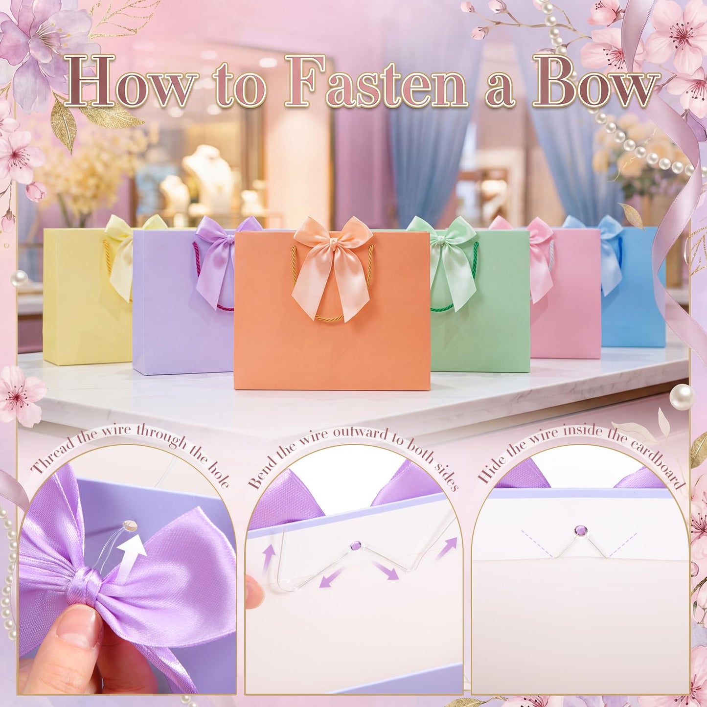 Sabary 12 Pcs Pastel Birthday Gift Bags with Handles and 24 Pre-tied Decorative Ribbon Rows, 12.6" x 9.8" x 4.3" Large Thank You Gift Bags for Easter Baby Shower Wedding Gifts Wrapping Party Supplies