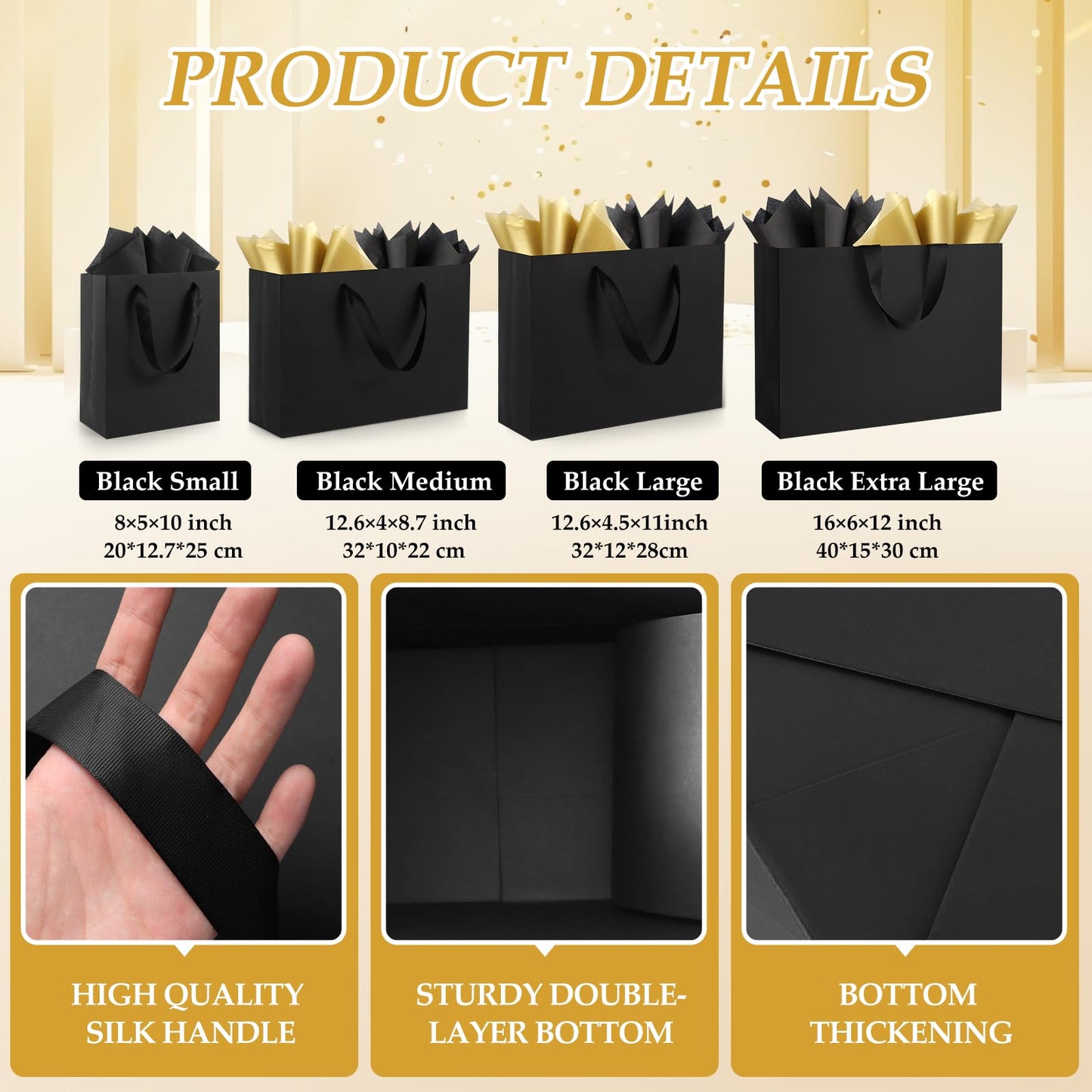 Epoesch 8 Pack Black Small Gift Bags with Handles and Tissue Paper, 8x5x10 Inch Paper Bags for Men, Women, Birthdays Party, Baby Showers, Weddings, Valentine's Day, Easter, Anniversaries (Black small-8Pcs)