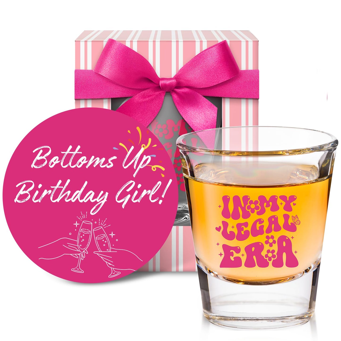 LOVEVOYAGE 21st Birthday Gift for Her - In My Legal Era 21st Birthday Shot Glass with Gift Box, Pink 2005 Turning 21 Bday Presents & Decorations for Daughter, Sister, Friend