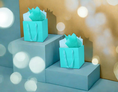JUNESHE 2 Pack Medium Square Gift Bags with Handles & Tissue Paper, 7.87 inch Blue Paper Bag for Birthday Party Favors Baby Bridal Shower Presents Wedding Anniversary