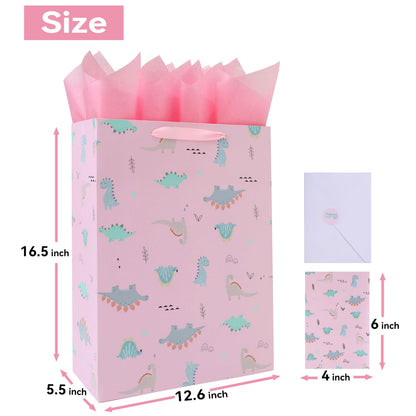 16.5” Extra Large Dinosaur Gift Bag Set with Handles, Greeting Card, Pink Tissue Papers and Stickers for Girls Kids Teens for Birthday Baby Shower Baby Girl Newborn New Moms, Dinosaur-themed Design, 1 Pcs