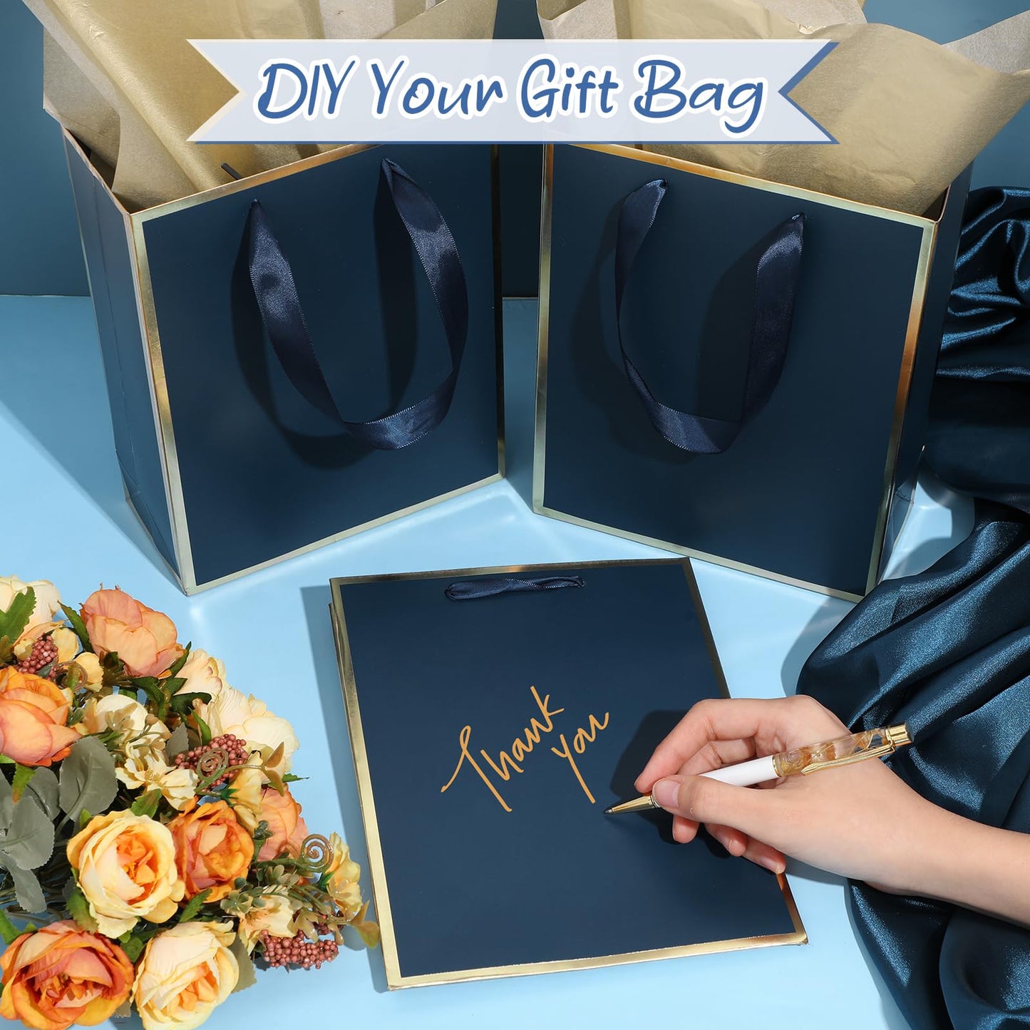 Yeaqee 24 Pack Metallic Paper Gift Bags with Handle and Tissue 9x7x3.1 Gold Foil Welcome Thank You Favor Bags Return Gifts for Wedding St. Patrick's 5 Senses Bridesmaid Birthday(Navy Blue, Gold)