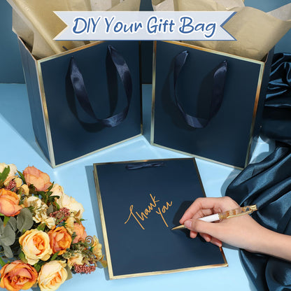 Yeaqee 24 Pack Metallic Paper Gift Bags with Handle and Tissue 9x7x3.1 Gold Foil Welcome Thank You Favor Bags Return Gifts for Wedding St. Patrick's 5 Senses Bridesmaid Birthday(Navy Blue, Gold)