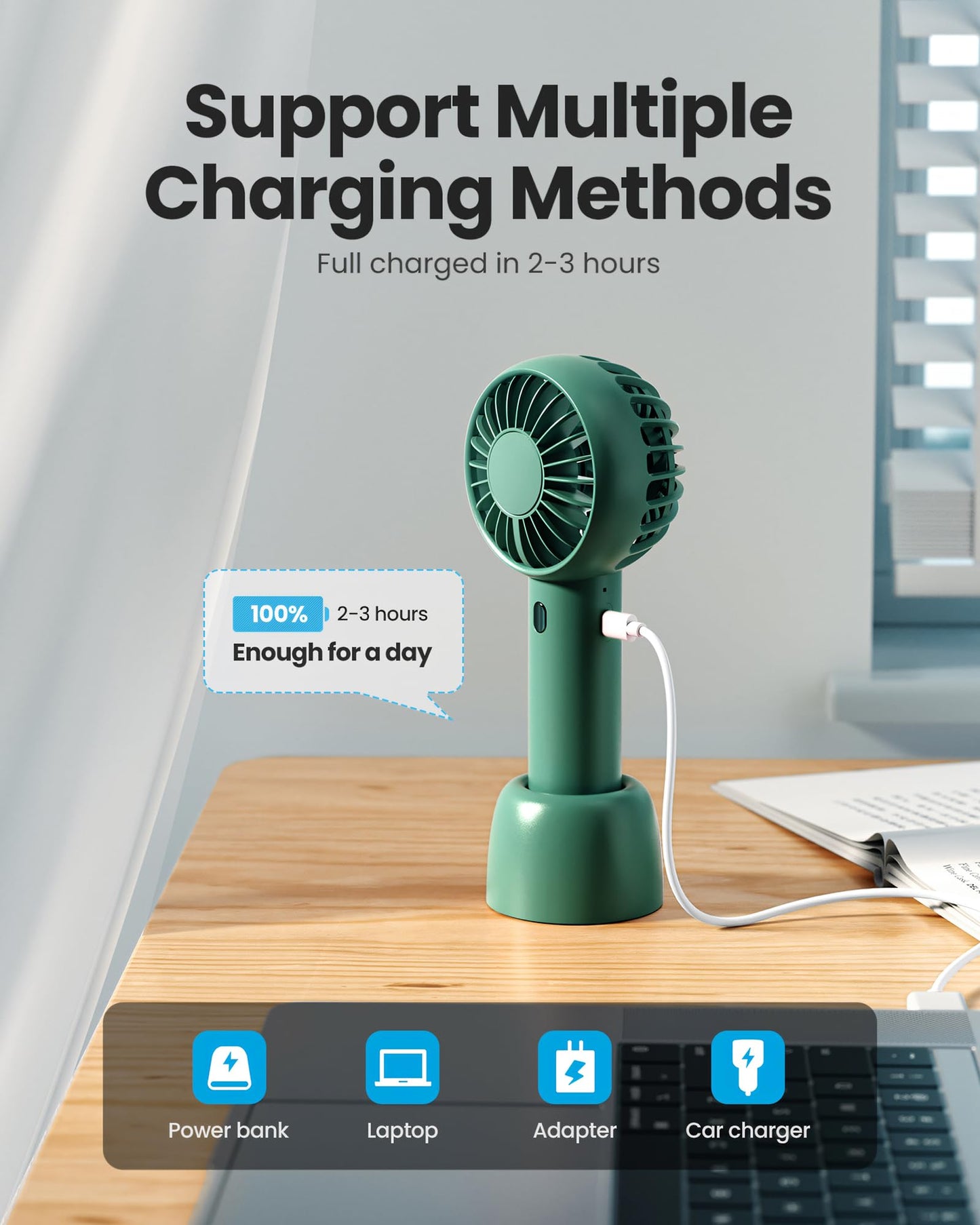 Gaiatop Mini Portable Fan, Navy Green, Cute Design, Rechargeable Battery, Handheld and Desktop, Small and Light
