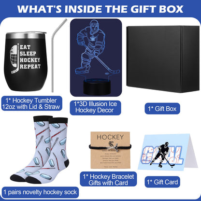 Patelai 6 Pcs Hockey Gifts Set for Men, Includes 12 oz Insulated Tumbler, 3D Night Light, Novelty Socks, Bracelet with Gift Card, Sports Birthday Senior Night Gifts for Hockey Players Fans Coach